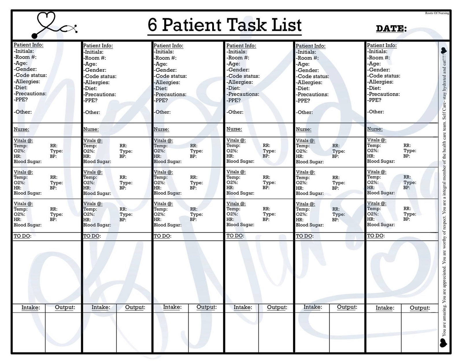 CNA Patient Task List/report Sheet for 6 Patients Etsy New Zealand