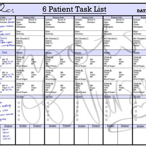 CNA Patient Task List/Report Sheet for 6 Patients
