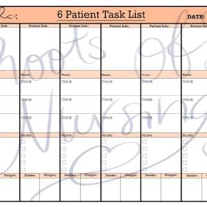 CNA Patient Task List/Report Sheet for 6 Patients- Orange