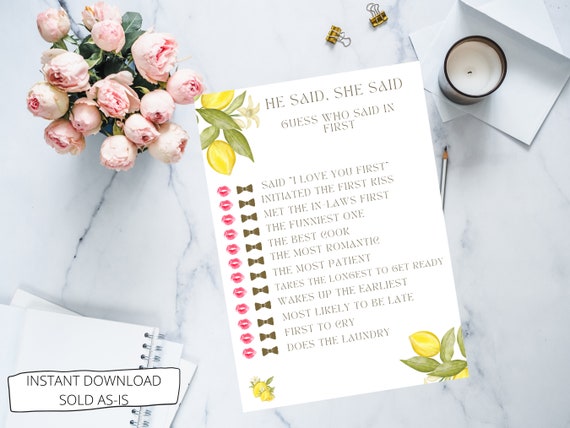 He Said She Said Game Printable Bridal Shower Game Lemon | Etsy