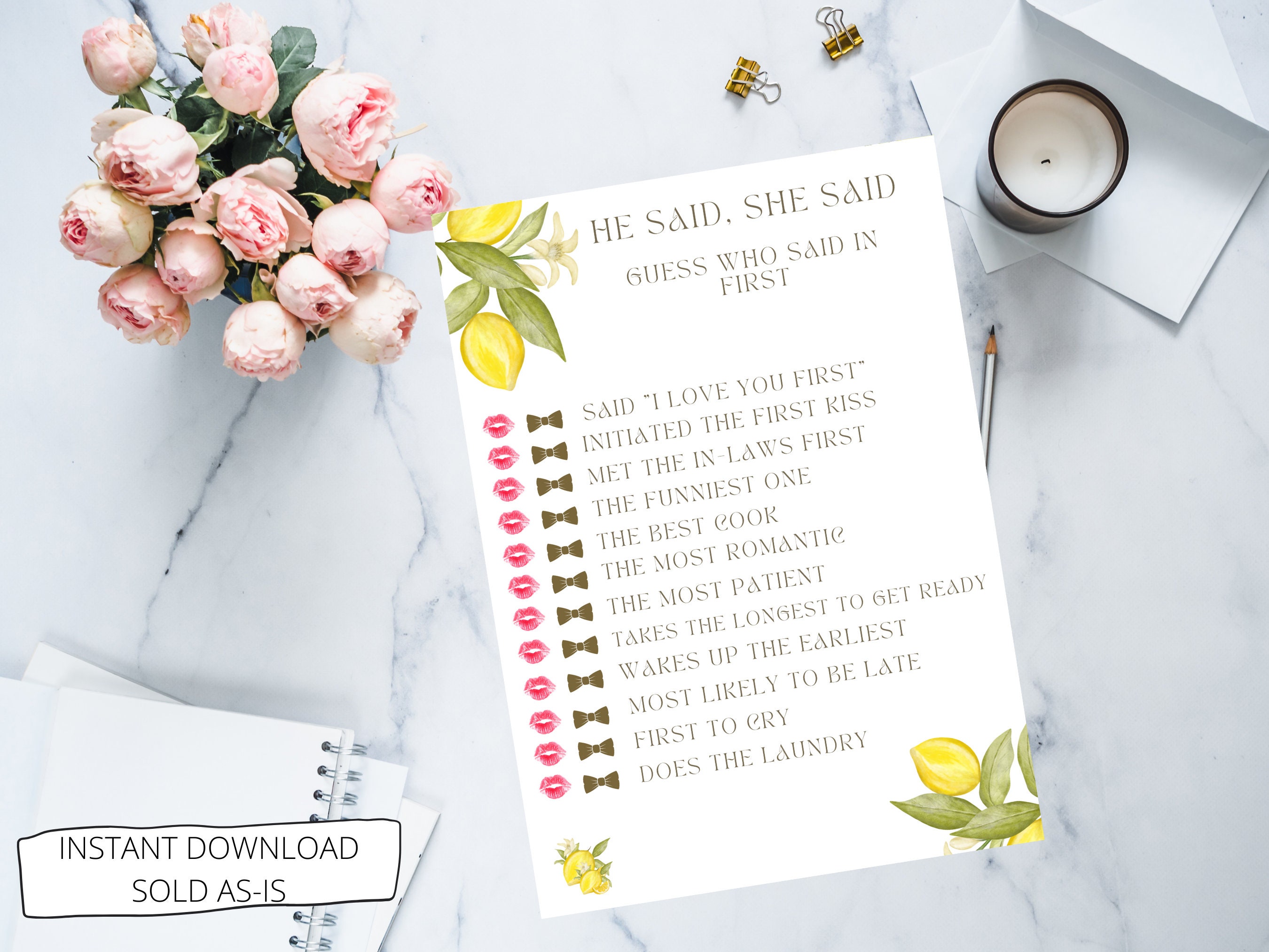 He Said She Said Game Printable Bridal Shower Game Lemon | Etsy