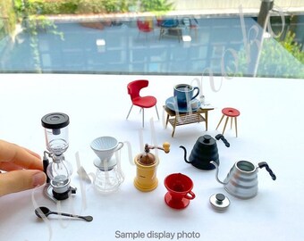 2020 RARE Coffee Utensils Miniature Dollhouse Collection: Coffee Syphon/Coffee Mill/Coffee Serve/Dripper - Red, White/Kettle - Black, Silver