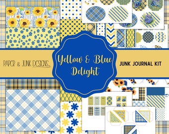 Afdrukbare gele en blauwe Junk Journal Scrapbook Kit - bijpassende gecoördineerde pagina's, dagboekkaarten, kaartjes, paginahoeken