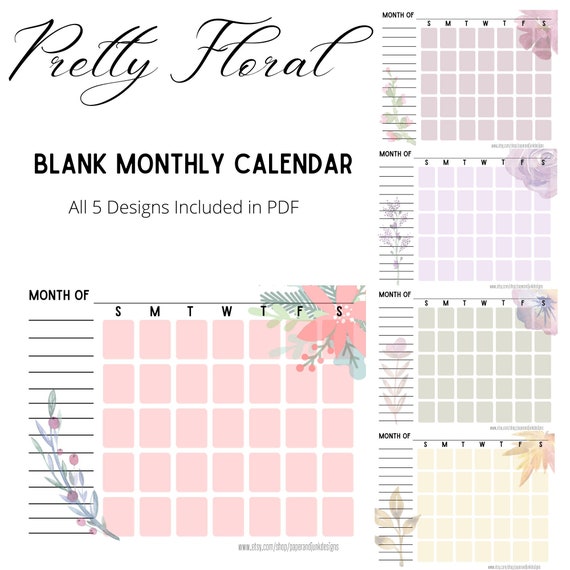 Printable Floral Blank Monthly Calendar Prints 8.5 X - Etsy