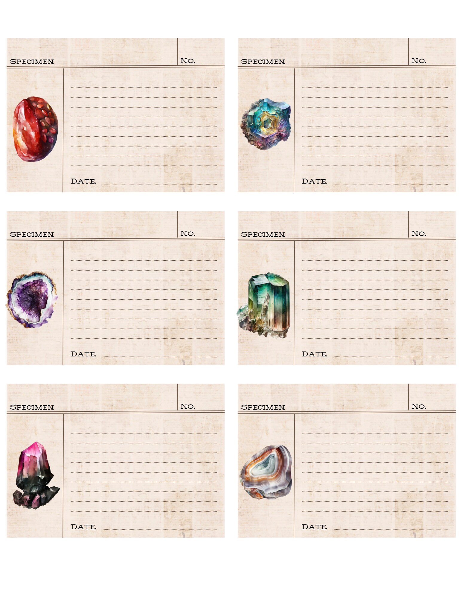 Printable Gems and Minerals Specimen Cards 24 Ready-made and 6 Blank ...