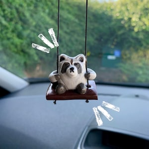 Swinging Raccoon Car Charm, Cute Car Accessory, Animal Lover Gift, Rear View Mirror Hanging, Clay Animal Decor, Handmade Raccoon Accessory