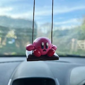 Swinging Kirby Car Charm, Cute Car Accessory, Kirby Lover Gift, Rear View Mirror Hanging, Clay Decor, Handmade Kirby Accessory
