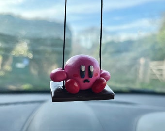Swinging Kirby Car Figurine, Cute Car Accessory, Kirby Lover Gift, Rear View Mirror Hanging, Clay Decor, Handmade Kirby Accessory