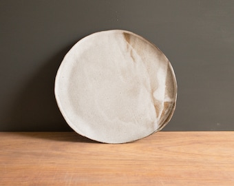 Hand-built stoneware dinner plate in toasted clay and white glaze - beautifully organic shapes. Made to Order