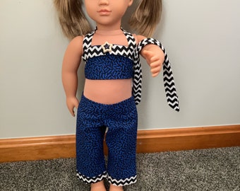 18 inch Doll | American  Made | Blue & Black Crop Top Outfit | One of a Kind! | Handmade | READY TO SHIP!