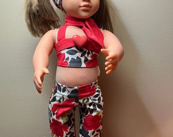 18 inch Doll | American Made | Red Floral Crop Top Outfit | One Of A Kind! | Handmade | READY TO SHIP!