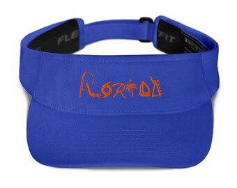 May include: A royal blue visor with an orange embroidered design that says "Florida" with various icons representing the state.
