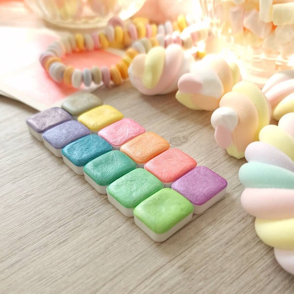 Candy | 12 aquarelles pastels métallisées | palette aquarelle fait à la main | lot intense et brillant