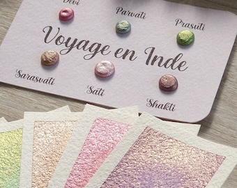 Voyage en Inde - Dot card de 6 aquarelles métallisées | aquarelles artisanales | peinture pour artiste | peinture calligraphie main