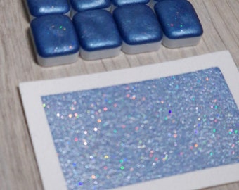 Izzy | Quart de godet d'aquarelle pailletée | aquarelle holographique bleue | aquarelle scintillante bleue| fabriquée à la main