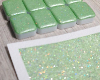 Munt | Glitter aquarelemmer | groene holografische aquarel | groene glitter aquarel | handgemaakt | gave kunstenaar