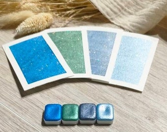 Pégase | 4 aquarelles pailletées bleu, vert et gris | aquarelles artisanales | fabriqué en France | paillettes holographiques