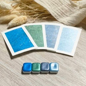 Pégase 4 aquarelles pailletées bleu, vert et gris aquarelles artisanales fabriqué en France paillettes holographiques image 1