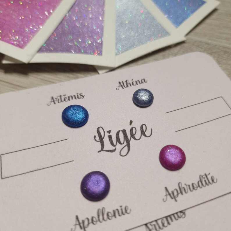 Ligée Dot card 4 aquarelles pailletées rose, bleu, gris et violet aquarelles artisanales fabriqué en France paillette holographique image 4
