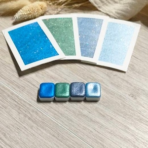 Pégase 4 aquarelles pailletées bleu, vert et gris aquarelles artisanales fabriqué en France paillettes holographiques image 8