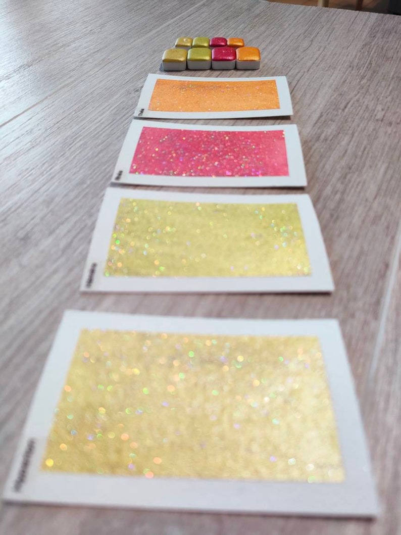 Hesperide 4 aquarelles pailletées rose, jaune et orange aquarelles artisanales fait à la main en France paillettes holographiques image 9