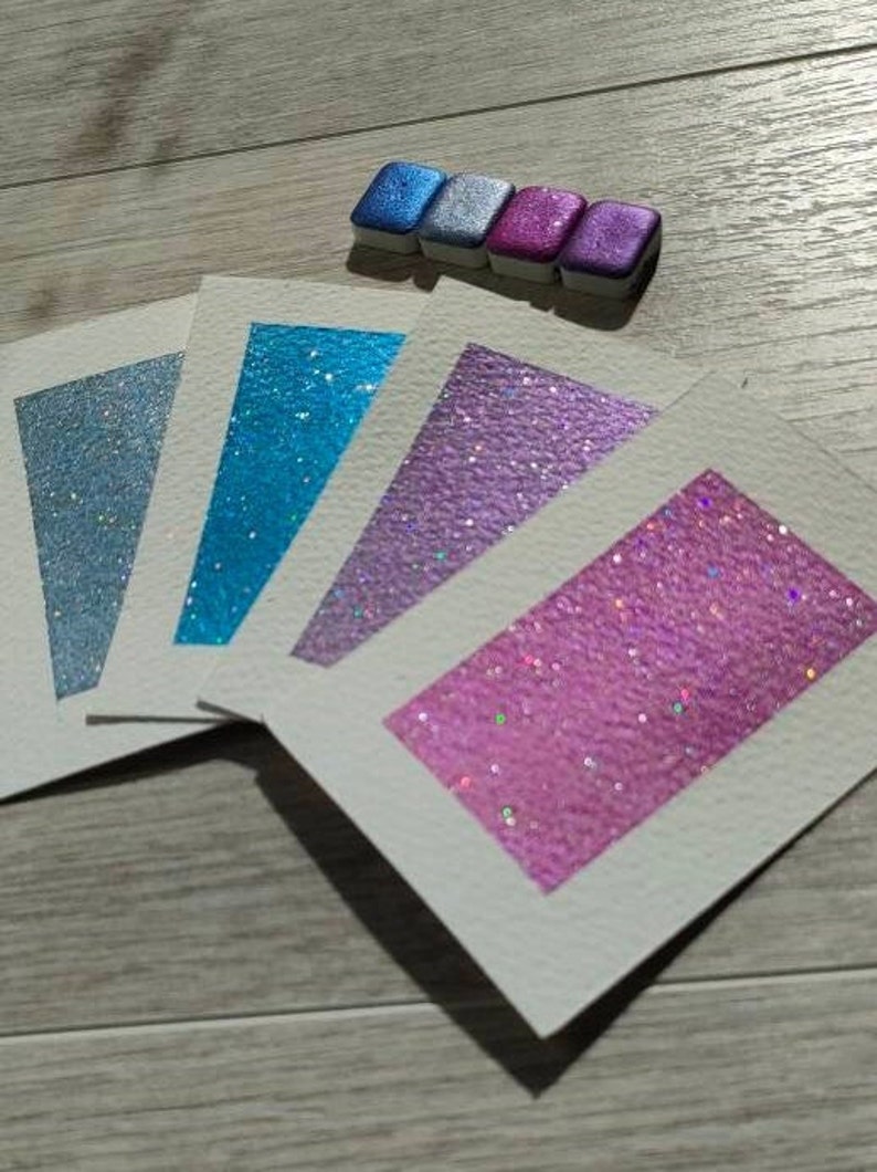 Ligée Dot card 4 aquarelles pailletées rose, bleu, gris et violet aquarelles artisanales fabriqué en France paillette holographique image 5