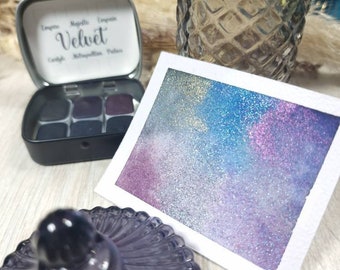 Samt | 6 Aquarellfarben mit glänzendem Samteffekt | handgefertigt | Aquarell glänzende Körnung | Künstler-Geschenkbox | Ausmalen für Erwachsene