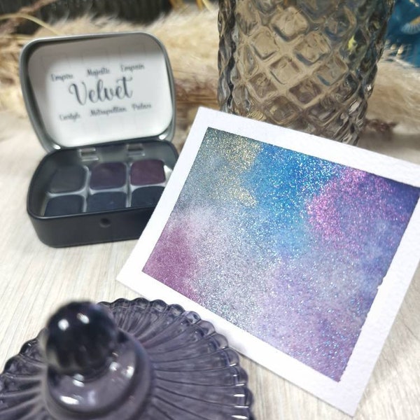 Velvet | 6 aquarelles effet velours brillantes | fait main | aquarelle granulation brillante | coffret cadeau artiste | coloriage adulte