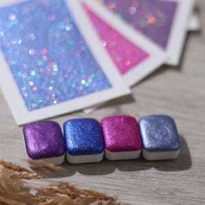リエージュ | 4 つのグリッター水彩ピンク、ブルー、グレー、パープル |手作りの水彩画 |手作り |ホログラフィックグリッター | 写真着色