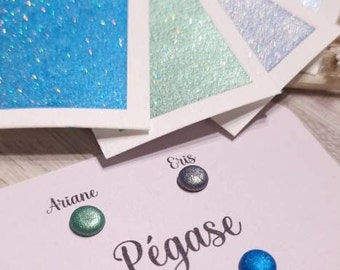 Pégase | Dot card 4 aquarelles pailletées bleu, vert et gris | aquarelles artisanales | fabriqué en France | paillettes holographiques