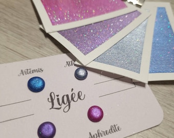 Lieja | Tarjeta de puntos 4 acuarelas brillantes rosa, azul, gris y morado | acuarelas hechas a mano | hecho en Francia | brillo holográfico
