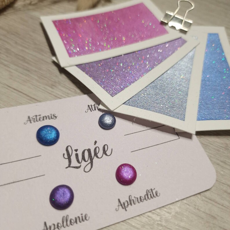 Ligée Dot card 4 aquarelles pailletées rose, bleu, gris et violet aquarelles artisanales fabriqué en France paillette holographique image 1