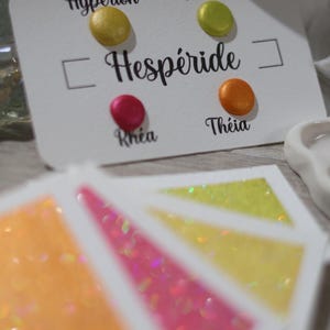 Hesperide | Dot card 4 aquarelles pailletées rose, jaune et orange | aquarelles artisanales | fabriqué en France | paillettes holographiques
