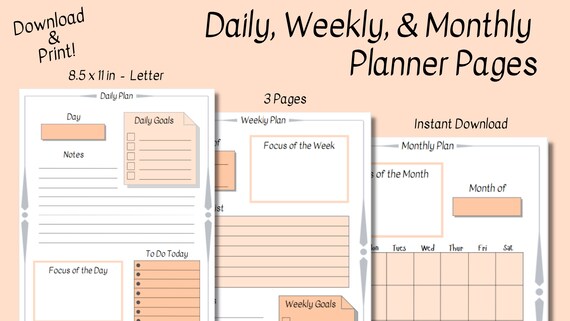Printable Daily Weekly & Monthly Planner Page Set - Etsy