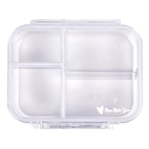May include: A clear, rectangular lunch box with a hinged lid and multiple compartments. The lunch box has a white heart and the text "Mum Made You" printed on the bottom right corner. The lunch box is made of clear plastic.