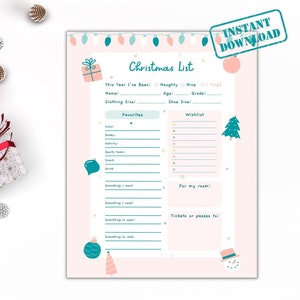 Geschenk Wunschliste ausdrucken | Kinder Geschenkideen | Wunschliste Vorlage | Brief an den Weihnachtsmann | Sofortdownload | Favoritenliste | Wollen Brauchen Tragen Lesen