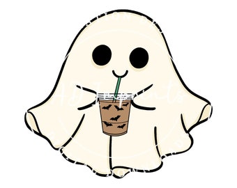 Cute Trendy Ghost Holding Drinking Iced Pumpkin Spice Latte Coffee Boo Spooky Season Halloween Svg Png Sublimation Design Instant Download