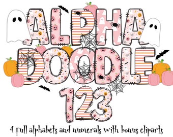 May include: Pink and orange Halloween themed alphabet and number clipart with ghosts, pumpkins, spiders, and spiderwebs. The text reads "ALPHA DOODLE 123".