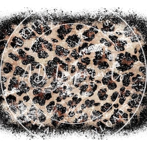 May include: A digital design featuring a leopard print pattern with a distressed, grunge effect. The design is surrounded by a black border with white speckles, creating a splatter effect. The text "Sublimation Designs" and "Download" are visible in the border.
