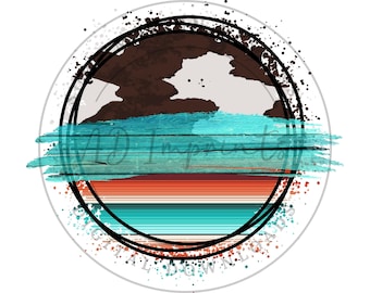 Trendy Western Custom Name Logo Turquoise Cowhide Serape Cow Print Background Sublimation PNG Circle Label Frame Printable Digital Download