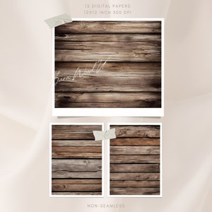 May include: Twelve digital papers featuring a rustic wood texture in brown tones. The papers are 12x12 inches and 300 DPI. The papers are non-seamless.