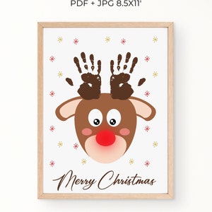 Kinderen Rudolph Reindeer handafdruk kunst ambachtelijke baby mijn eerste kerst peuter geheugen aandenken cadeau voor grootouders afdrukbare digitale download