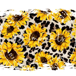May include: A digital print design featuring a distressed white background with a leopard print pattern and yellow sunflowers.