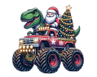Christmas Santa T-Rex Dinosaur Monster Truck PNG Cute Baby Onesie Clipart Funny Sublimation Design Kid Boy Graphic Shirt Digital Download