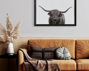 Hooglandkoe-print | Zwart-witte koeienprint | Canvas Highland Cow | Buffelprint | Bizonprint | Afdrukbare poster | Decoratie Schotse Hooglanders