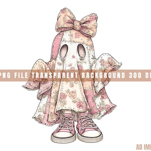 May include: A charming illustration of a ghost character adorned with a large bow, dressed in a patchwork outfit featuring floral designs and pink trainers. The image includes the text "PNG FILE TRANSPARENT BACKGROUND 300 DPI" and the AD IMPRINTS logo.