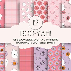 Op de afbeelding: Een verzameling van 12 naadloze digitale papieren met een Halloween-thema. De papieren bevatten herhalende patronen van geesten, smiley-gezichten, bloemen en ruitjes in roze, paars en oranje. De tekst "BOO-YAH!" wordt weergegeven.
