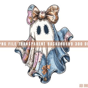 Könnte beinhalten: Eine skurrile Geisterillustration mit einem Patchwork-Design. Der Geist hat einen weißen Körper mit ovalen Augen und einer großen Schleife. Das Design beinhaltet florale und denimartige Muster. Der Text lautet "PNG FILE TRANSPARENT BACKGROUND 300 DPI".