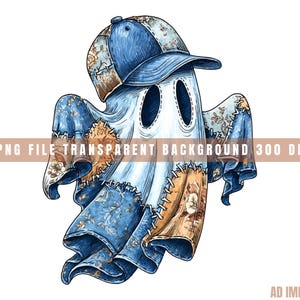 May include: A whimsical illustration of a ghost wearing a blue baseball cap. The ghost's body is a patchwork of blue and tan fabrics. The image includes the text "PNG FILE TRANSPARENT BACKGROUND 300 DPI".