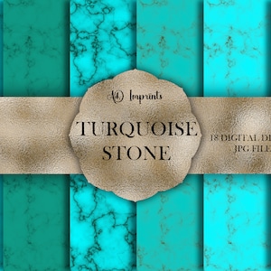 May include: A set of 18 digital turquoise stone marble texture papers. The papers are high resolution, 300 DPI, and ideal for crafting, scrapbooking, and digital design projects.
